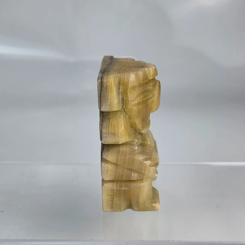 Vintage Mexican Onyx Carved Aztec Mayan Seated Figure Statue Green Banded Stone - Picture 5 of 8
